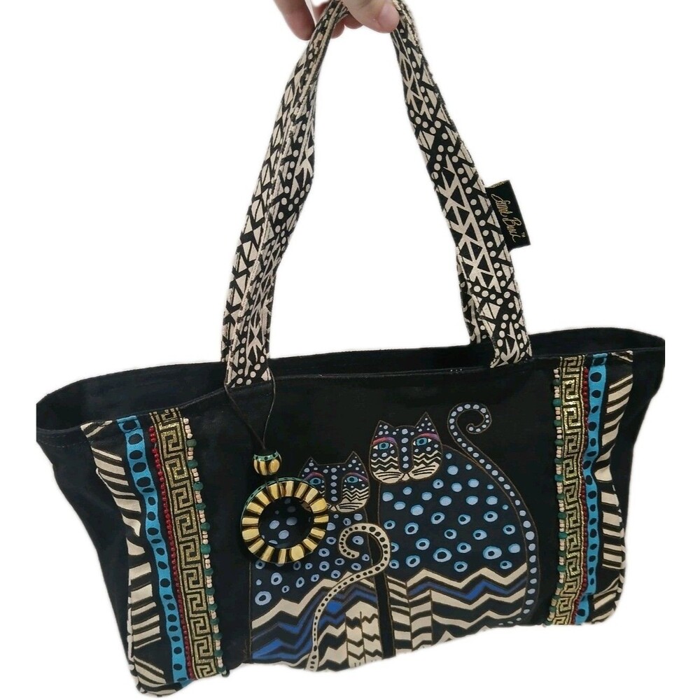 Laurel Burch Cats Polka Dot MED/LG Tote Bag Inner Pocket Cat Beaded Handbag